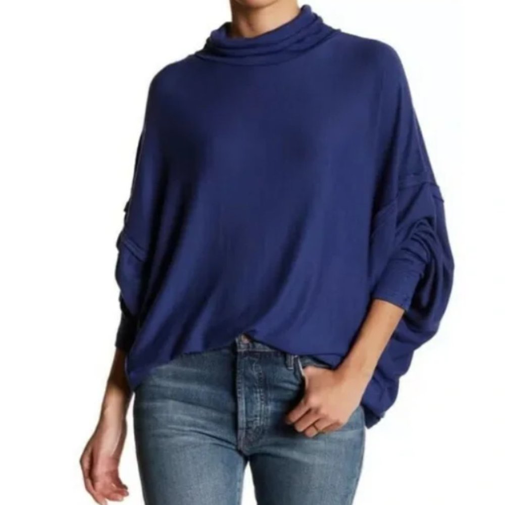 Free People We The Free Dark Blue Mockneck Balloon Sleeve Pullover